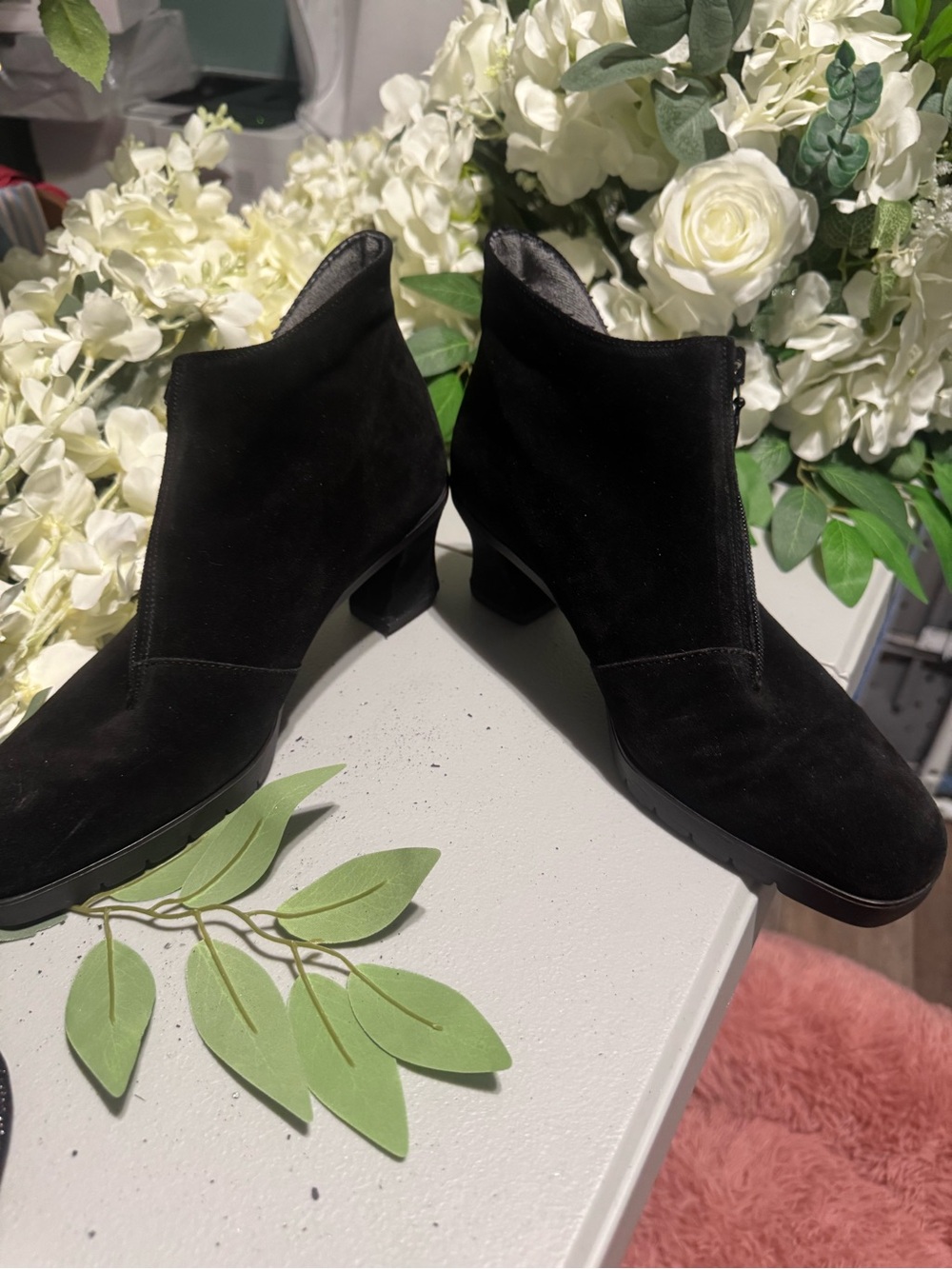 Aquatalia Black Suede Ankle Boots with Top Zip